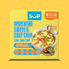 Vegetarian Sweet & Sour Soup cubes box with vegetable soup bowl and nutrition labels on yellow background