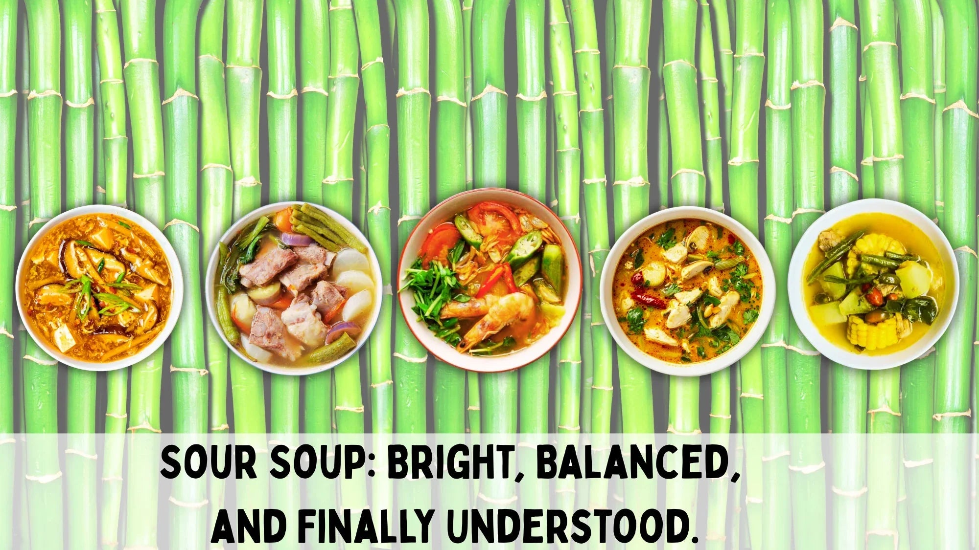 bamboo background with five different asian soups
