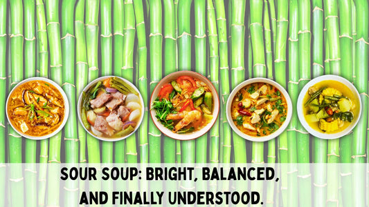 bamboo background with five different asian soups