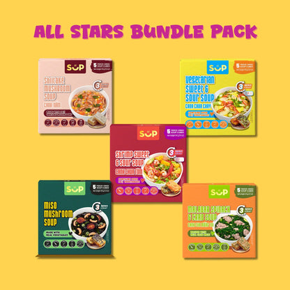 Build your own bundle of freeze-dried soups: Shiitake Mushroom, Vegetarian Sweet & Sour, Shrimp Sweet & Sour, Miso Mushroom, Malabar Spinach & Crab