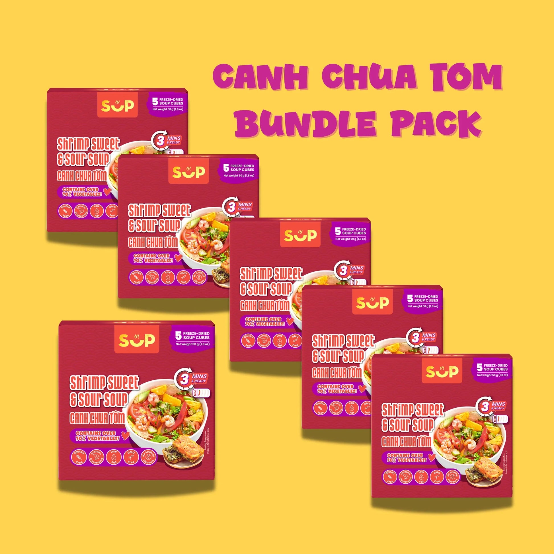 Canh Chua Tom Shrimp Sweet & Sour Soup bundle pack with freeze-dried soup cubes on yellow background