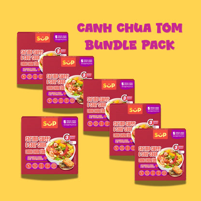Canh Chua Tom Shrimp Sweet & Sour Soup bundle pack with freeze-dried soup cubes on yellow background