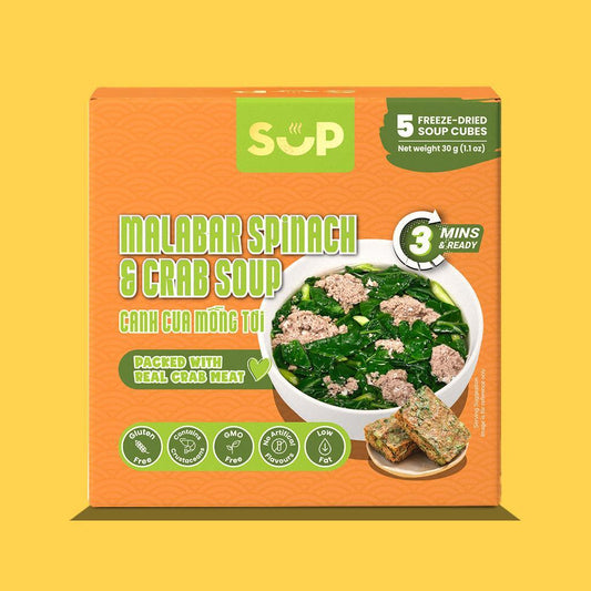 Orange box of Malabar Spinach and Crab Soup with freeze-dried soup cubes and crab meat image