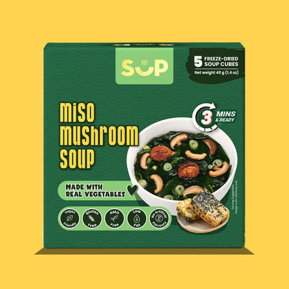 Miso mushroom soup packaging with bowl of mushroom soup, freeze-dried soup cubes, vegan, gluten-free