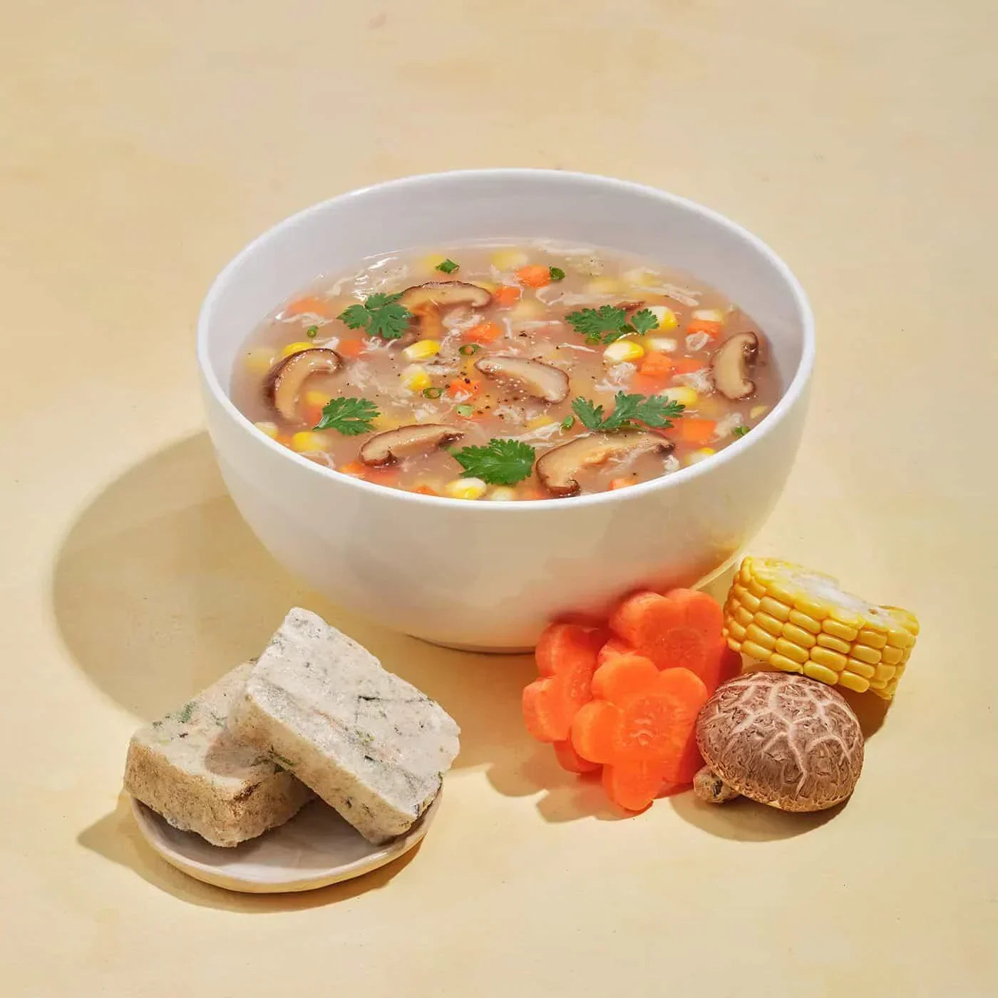 Bowl of shiitake mushroom soup with corn, carrots, and parsley, surrounded by mushrooms, carrot slices, corn, and broth cubes