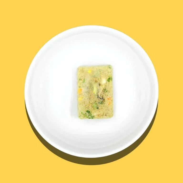 Vegetable and shiitake mushroom block on white plate with yellow background