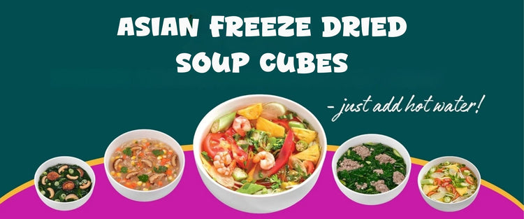 Promotional image of Asian freeze-dried soup cubes with text on a teal and pink background.